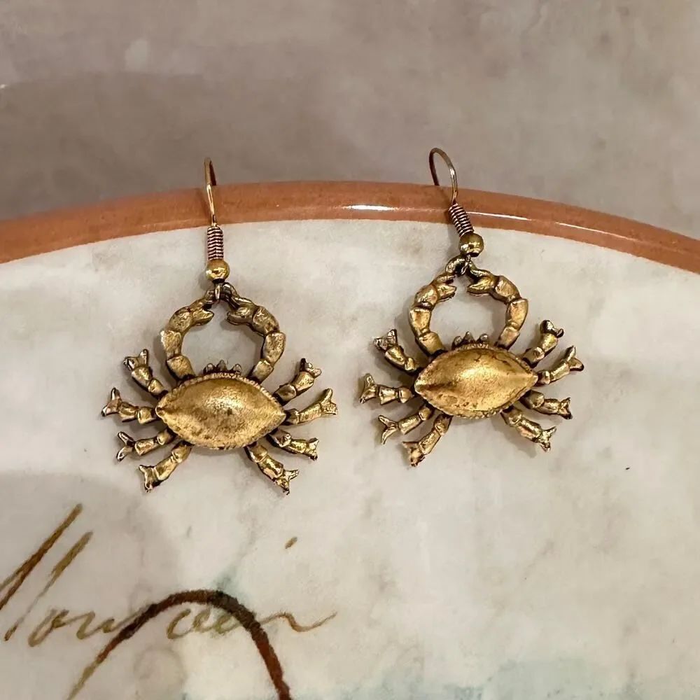 Brushed Gold Tone Crab Earrings-Coastal Nautical Beach Jewelry